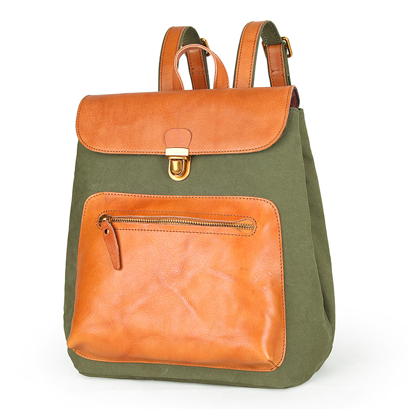 Canvas Leather Mens Women Student Backpack Army Green Travel Backpack Caramel College Backpack for Men - iwalletsmen
