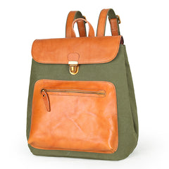Canvas Leather Mens Women Student Backpack Army Green Travel Backpack Caramel College Backpack for Men - iwalletsmen