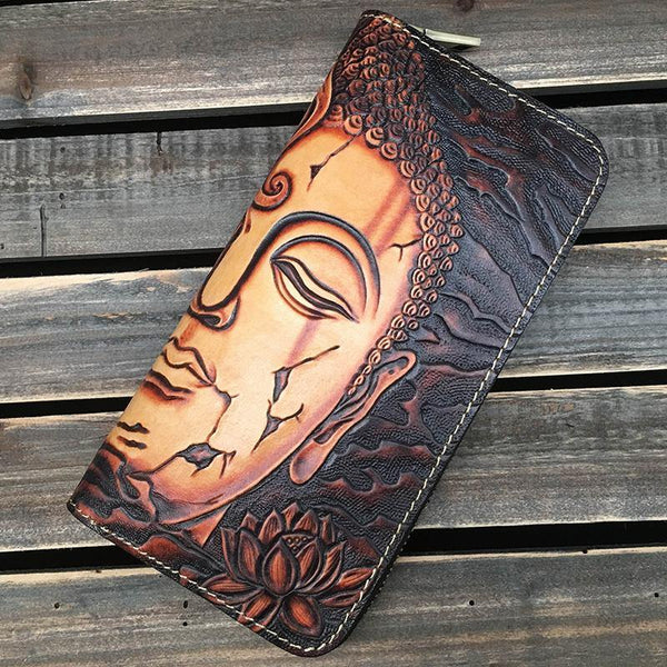Black Handmade Buddha Leather Long Wallet Zipper Wallet Clutch Wallet For Men - iwalletsmen