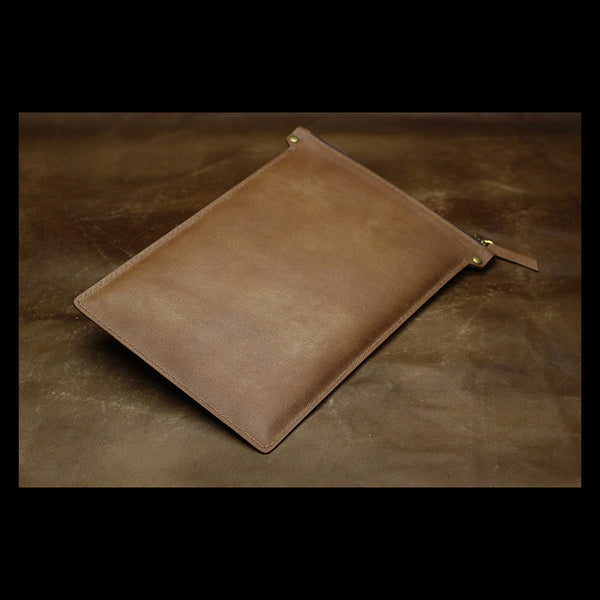 Handmade Leather Mens Clutch Cool Slim iPad Macbook Wallet Zipper Clutch Wristlet Wallet for Men