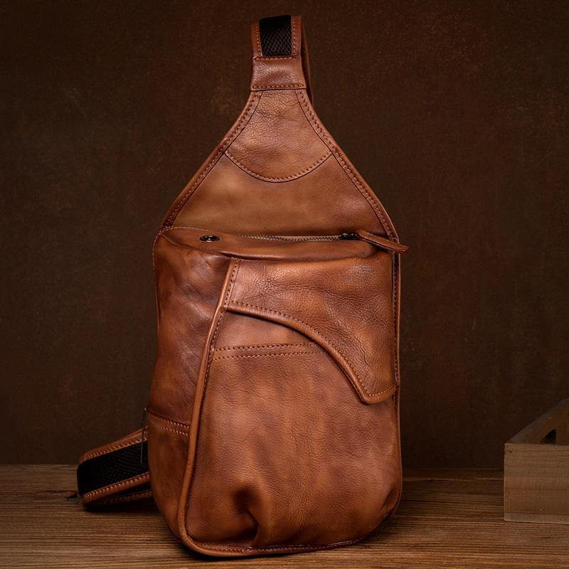 Cool Brown Leather Mens 8 inches Sling Bag Sling Pack Crossbody Pack Chest Bag for men - iwalletsmen