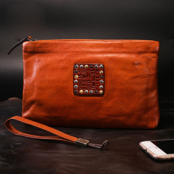 Handmade Leather Mens Clutch Cool Slim Wallet Zipper Clutch Wristlet Wallet for Men