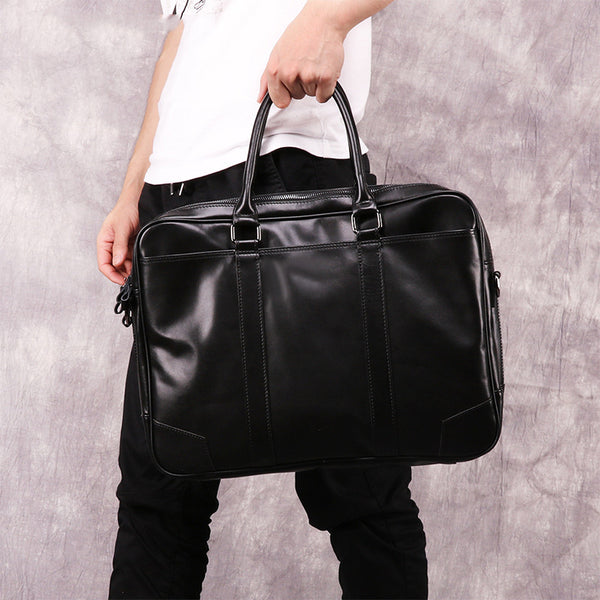 Black Leather Mens 15.6 inches Laptop Work Bag Handbag Briefcase Black Shoulder Bag Business Bags For Men - iwalletsmen