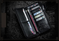 Handmade Leather Black Mens Chain Biker Wallet Cool Leather Wallet Long Clutch Wallets for Men