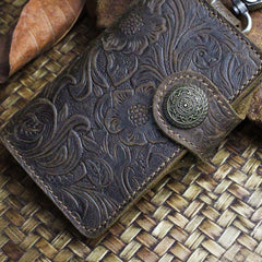 Handmade Leather Floral Mens Cool Key Wallet Wallet Card Holder Small Card Keychain Wallets for Men