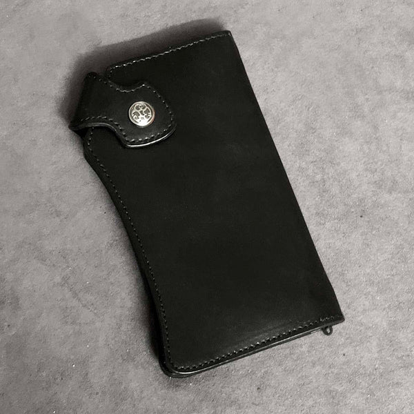 Black Casual Leather Mens Bifold Long Wallet Biker Wallet Black Long Chain Wallet For Men - iwalletsmen