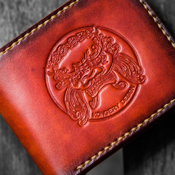 Handmade Leather Chinese Lion Tooled Mens billfold Wallet Cool Leather Wallet Slim Wallet for Men