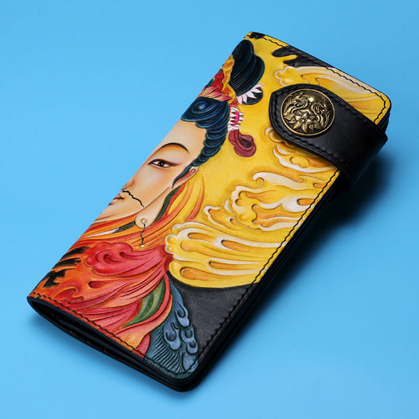 Handmade Leather Quan yin Buddha Mens Chain Biker Wallet Cool Leather Wallet With Chain Wallets for Men
