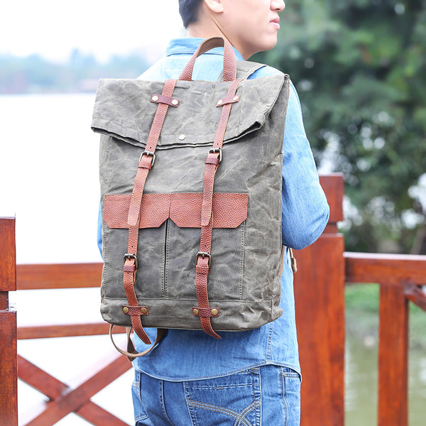 Waxed Canvas Leather Mens 15‘’ Green Waterproof Backpack Khaki Travel Backpack Hiking Backpack for Men - iwalletsmen
