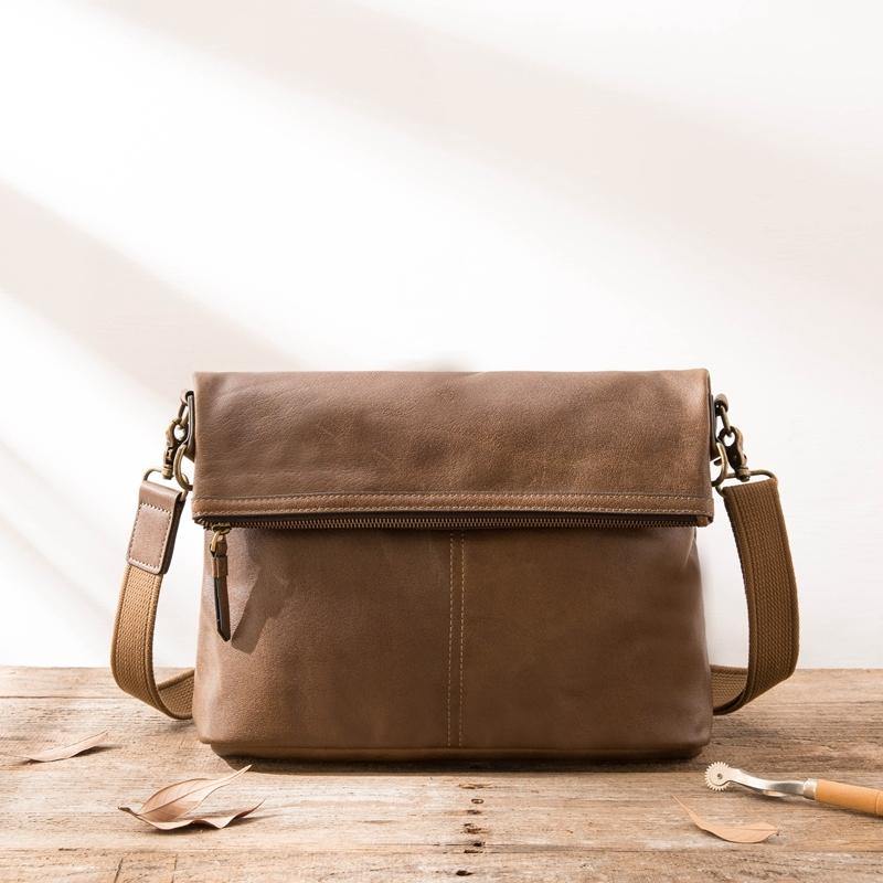 Brown Cool Leather Mens 11 inches Side Bags Messenger Bags Khaki Leather Courier Bag for Men - iwalletsmen