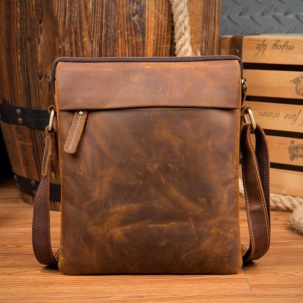 Brown Cool Leather 10 inches Small Vertical Side Bags Brown Messenger Bags Courier Bag for Men - iwalletsmen