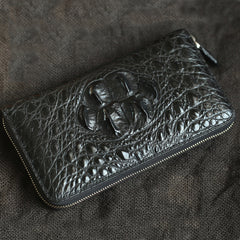 Brown Crocodile Leather Mens Black Zipper Bifold Long Wallet Black Clutch Wallet For Men - iwalletsmen
