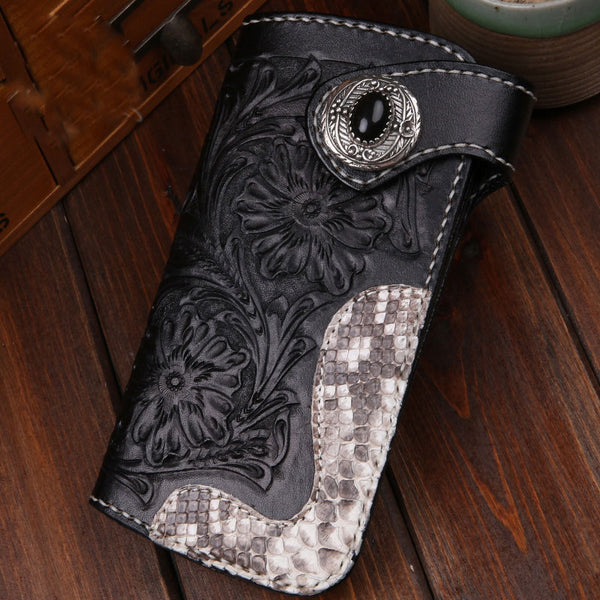 Handmade Leather Mens Cool Black Obsidian Chain Wallet Biker Trucker Wallet with Chain