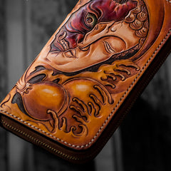 Handmade Leather Mens Clutch Wallet Cool Buddha&Demon Tooled Wallet Long Zipper Wallets for Men