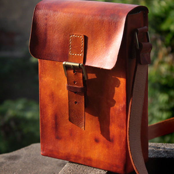 Handmade Vintage Leather Mens Messenger Bag Box Bag Brown Shoulder Bag for Men - iwalletsmen