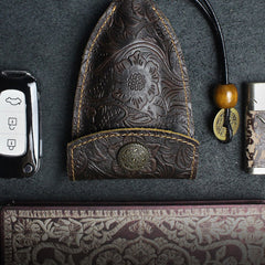 Handmade Leather Floral Mens Cool Car Key Wallet Coin Wallet Pouch Car KeyChain for Men