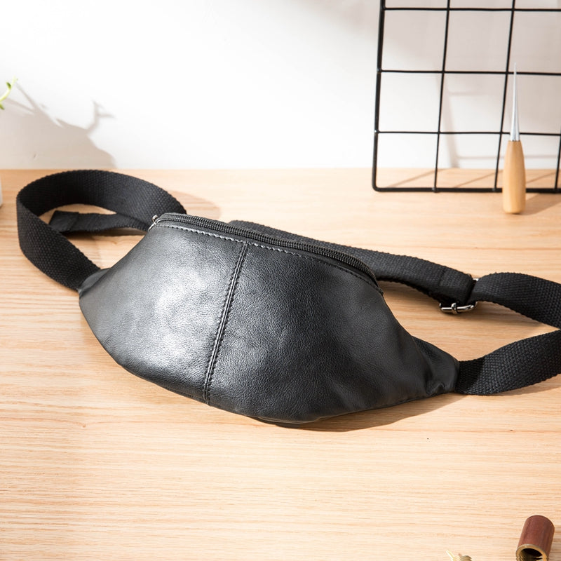 Black Mens Leather Fanny Packs Sling Bag Waist Bag Hip Pack Belt Bag Chest Bag for Men - iwalletsmen