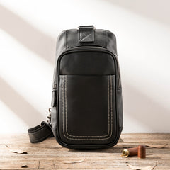 Black Leather Mens Large Sling Bag Chest Bag Sling Pack Black One Shoulder Backpack for Men - iwalletsmen