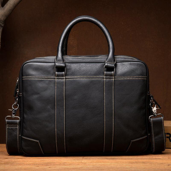Black Leather Mens 15 inches Briefcase Laptop Side Bag Business Bags Work Bags for Men - iwalletsmen