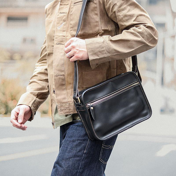 Black Leather Mens Casual Small Courier Bags Messenger Bag Coffee Brown Postman Bag For Men - iwalletsmen