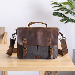 Casual Canvas Leather Mens Khaki Handbag 14'' Side Bag Gray Messenger Bag For Men - iwalletsmen