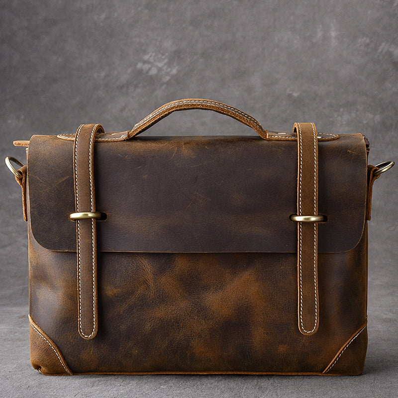 Leather Mens Brown Briefcase 13'' Laptop Bag Messenger Bag Shoulder Bag For Men - iwalletsmen