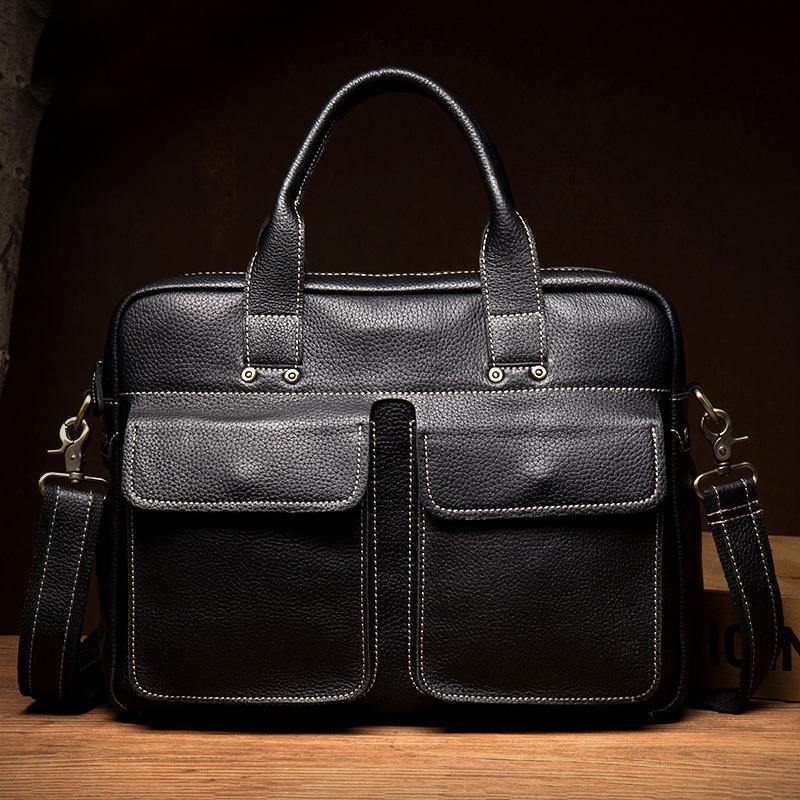 Black Leather Mens 13 inches Vertical Briefcase Laptop Shoulder Bag Coffee Business Work Bag for Men - iwalletsmen