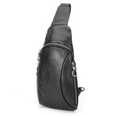 Cool Mens Black Leather Sling Bag Chest Bag Soft Black One Shoulder Backpack Sling Backpack for men - iwalletsmen
