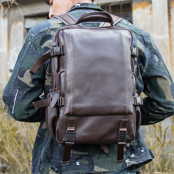 Black Fashion Mens Leather 13-inch Computer Backpacks Travel Backpacks Cool School Backpacks for men - iwalletsmen