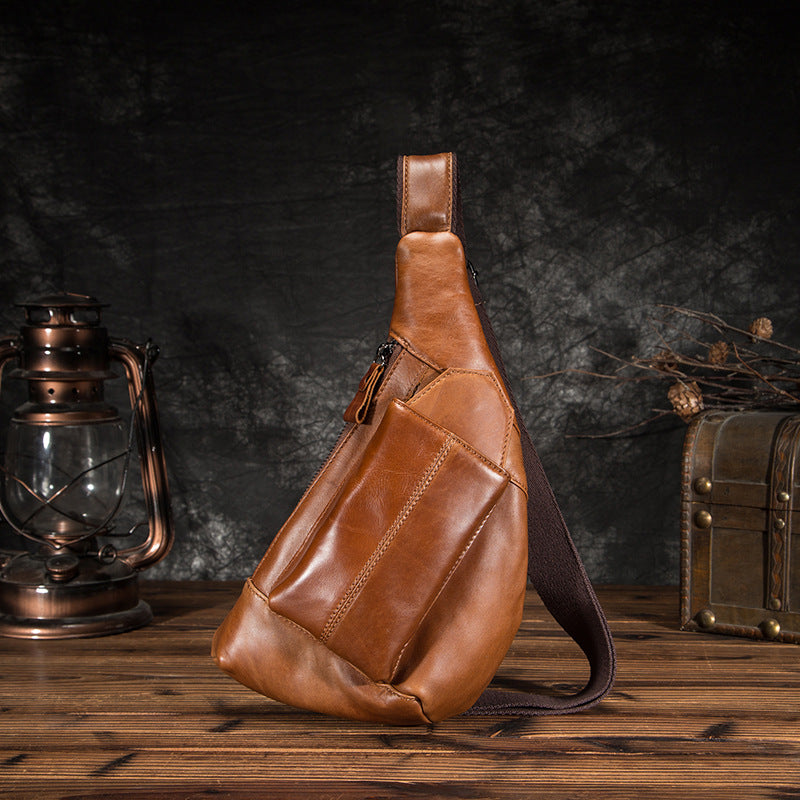 Cool Brown Leather Men's Sling Bag Chest Bag One Shoulder Backpack For Men - iwalletsmen