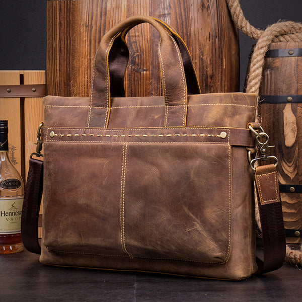 Casual Brown Leather 15 inches Laptop Briefcase Work Side Bag Work Handbag for Men - iwalletsmen