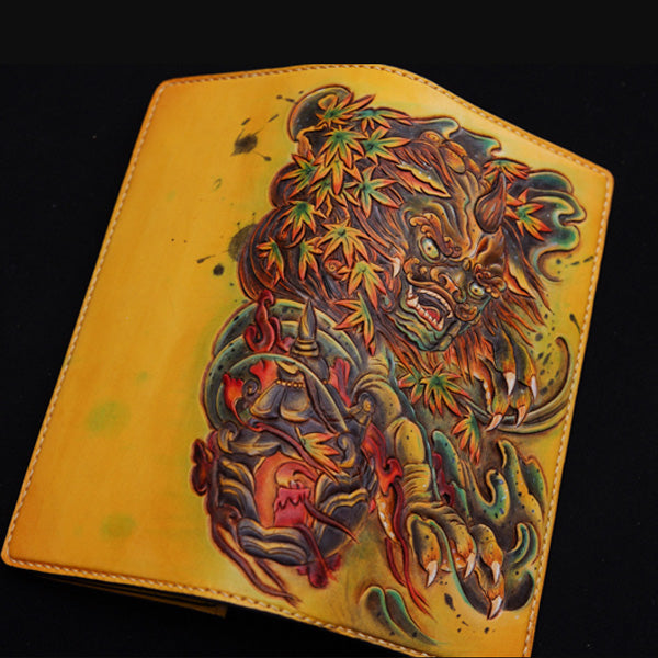 Handmade Leather Tooled Chinese Lion Mens Chain Biker Wallet Cool Leather Wallet With Chain Wallets for Men