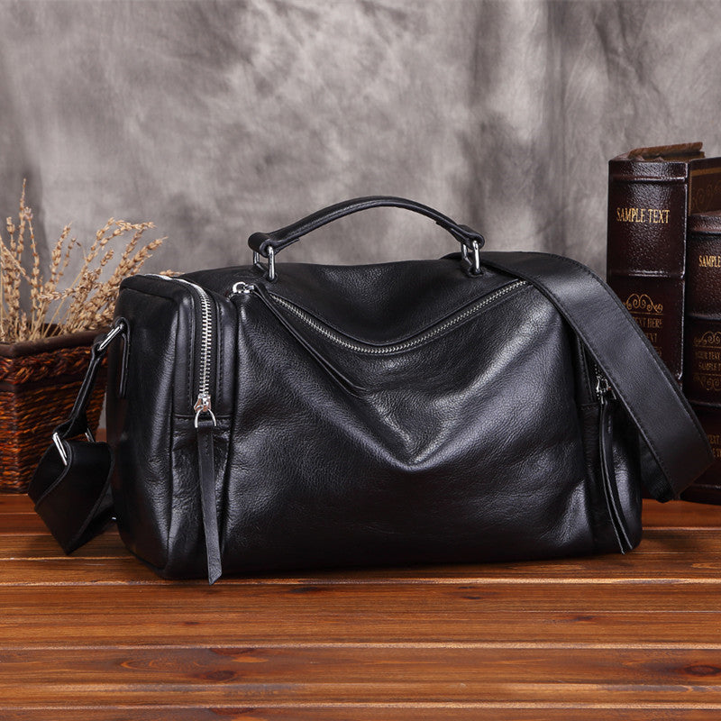 Fashion Black Leather Men's Small Barrel Side Bag Travel Bag Small Black Overnight Bag For Men - iwalletsmen