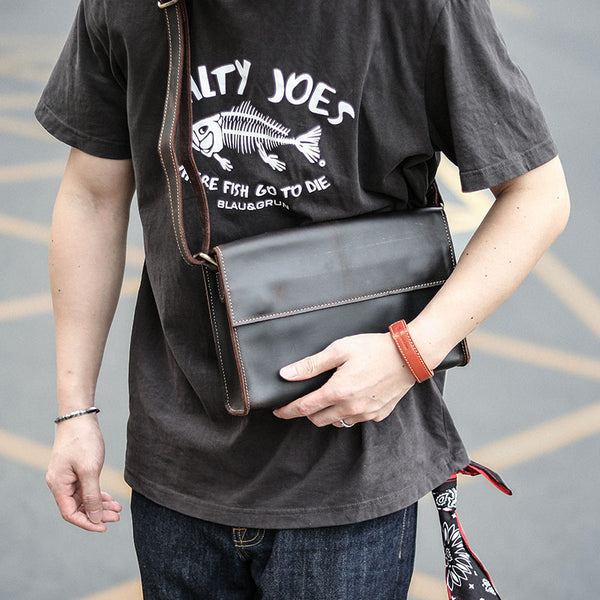 Dark Coffee Leather Mens Casual Small Courier Bag Messenger Bags Amber Postman Bag For Men - iwalletsmen