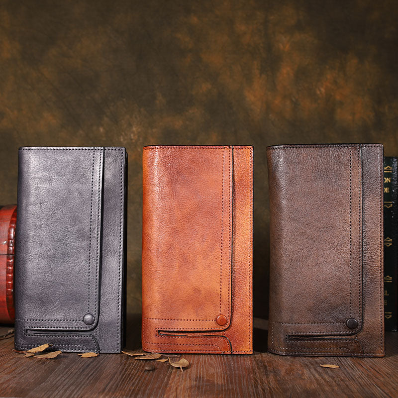 Brand Conquer Long Leather Clutch Crown Wallet - Unisex Wallet With Wrist Strap, Card & Phone Holder, Brown