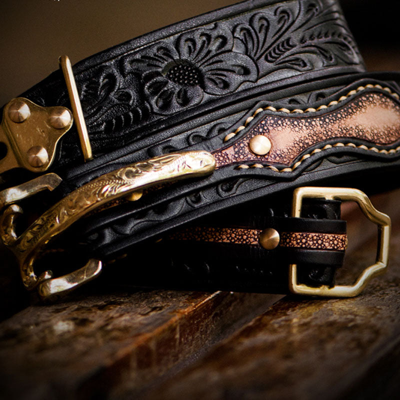 Handmade Genuine Leather Tooled Mens Belt Custom Cool Leather Men Black Belt for Men