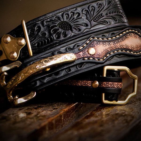 Handmade Genuine Leather Tooled Mens Belt Custom Cool Leather Men Black Belt for Men