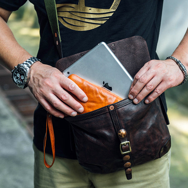 Fashion Black Wrinkled Leather Men 8 inches Small Side Bag Coffee Cool Messenger Bags Postman Bag For Men - iwalletsmen