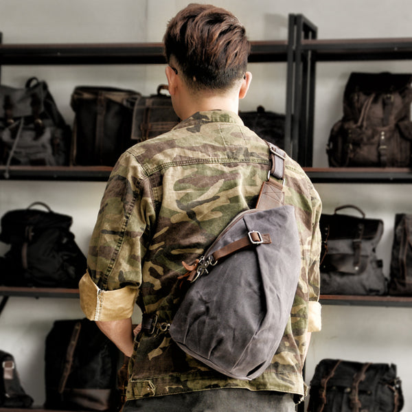 Cool Canvas Leather Mens Sling Bag Waterproof Chest Bag One Shoulder Backpack for Men - iwalletsmen