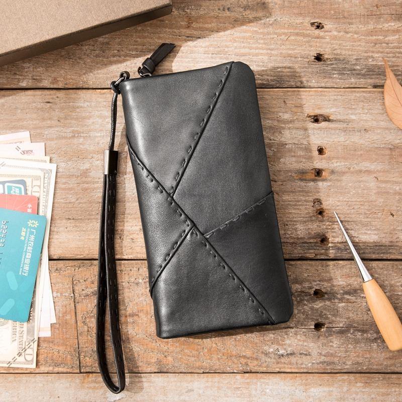 Cool Black Leather Mens Long Wallet Zipper Clutch Wallet Long Wallet Phone Bag Wristlet Wallet for Men - iwalletsmen