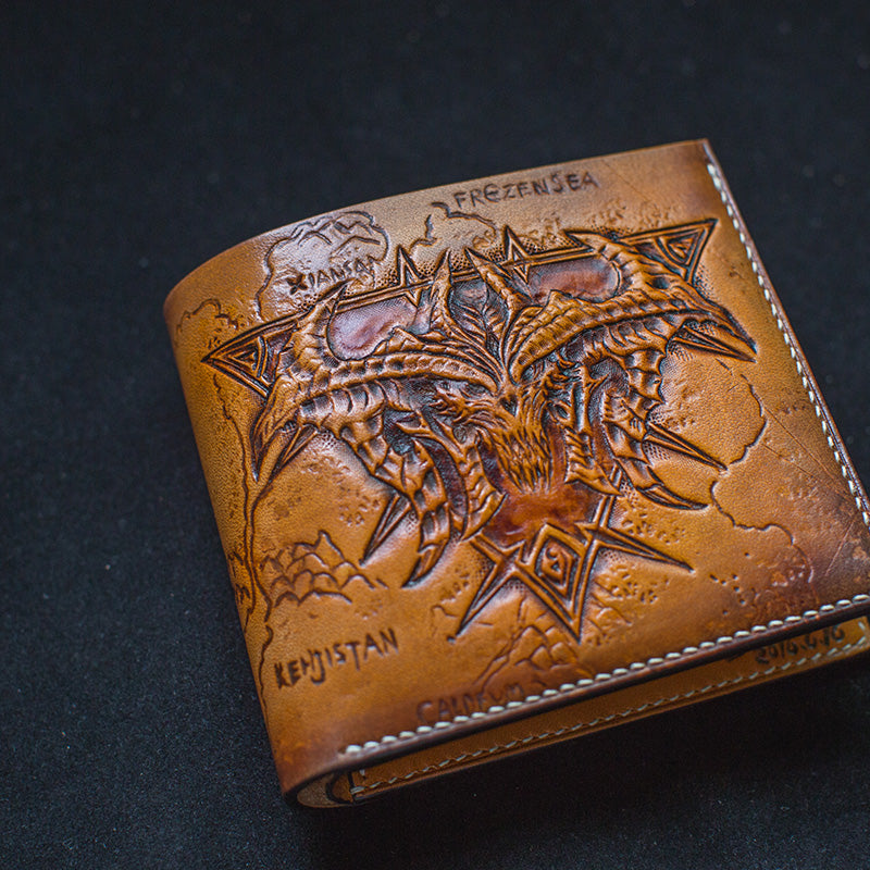 Handmade Leather Diablo Skull Tooled Mens billfold Wallet Cool Slim Wallet Biker Wallet for Men
