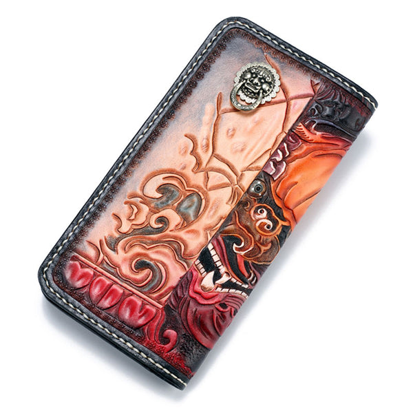 Handmade Leather Chinese Lion Mens Chain Biker Wallet Cool Leather Wallet With Chain Wallets for Men