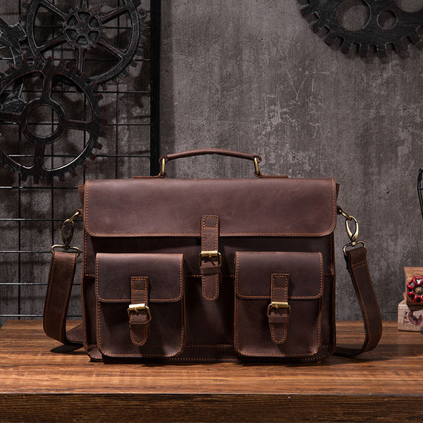 Cool Coffee Leather Mens Briefcase 14inch Laptop Bag Work Handbag Business Bag for Men - iwalletsmen