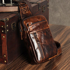 Genuine Leather Mens Cool Chest Bag Sling Bag Crossbody Bag Travel Bag Hiking Bag for men