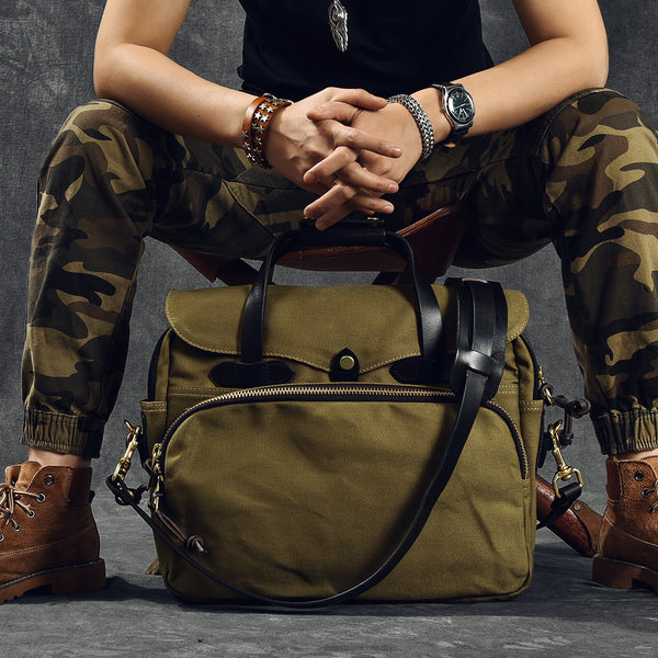 Canvas Leather Mens Khaki Briefcase 15'' Side Bag Messenger Bag Shoulder Bag For Men - iwalletsmen
