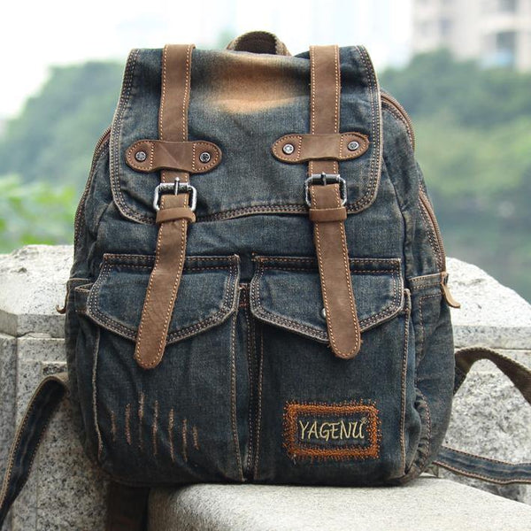 Denim Blue Mens 12 inches Backpack School Backpack Blue Jean Travel Backpacks For Men - iwalletsmen