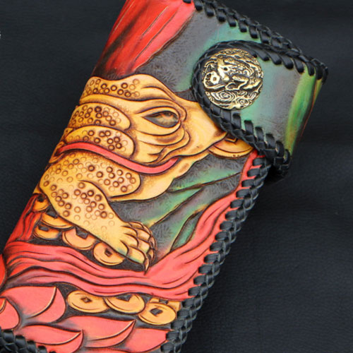 Handmade Mens Tooled GoldenToad Leather Chain Wallet Biker Trucker Wallet with Chain - iwalletsmen