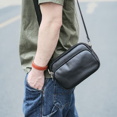 Black Leather Mens Small Courier Bag Messenger Bag Mini Postman Bag For Men - iwalletsmen