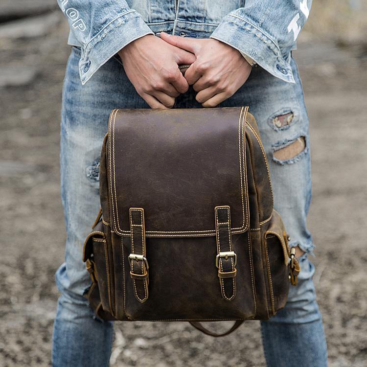 Dark Brown Cool Mens 15 inches Leather Computer Backpacks Travel