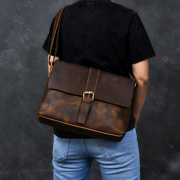 Vintage Leather Mens 13‘’ Brown Side Bag Messenger Bag Courier Bag For Men - iwalletsmen